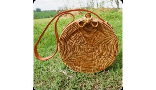 rattan hand woven ata handbag full handmade circle short handle leather